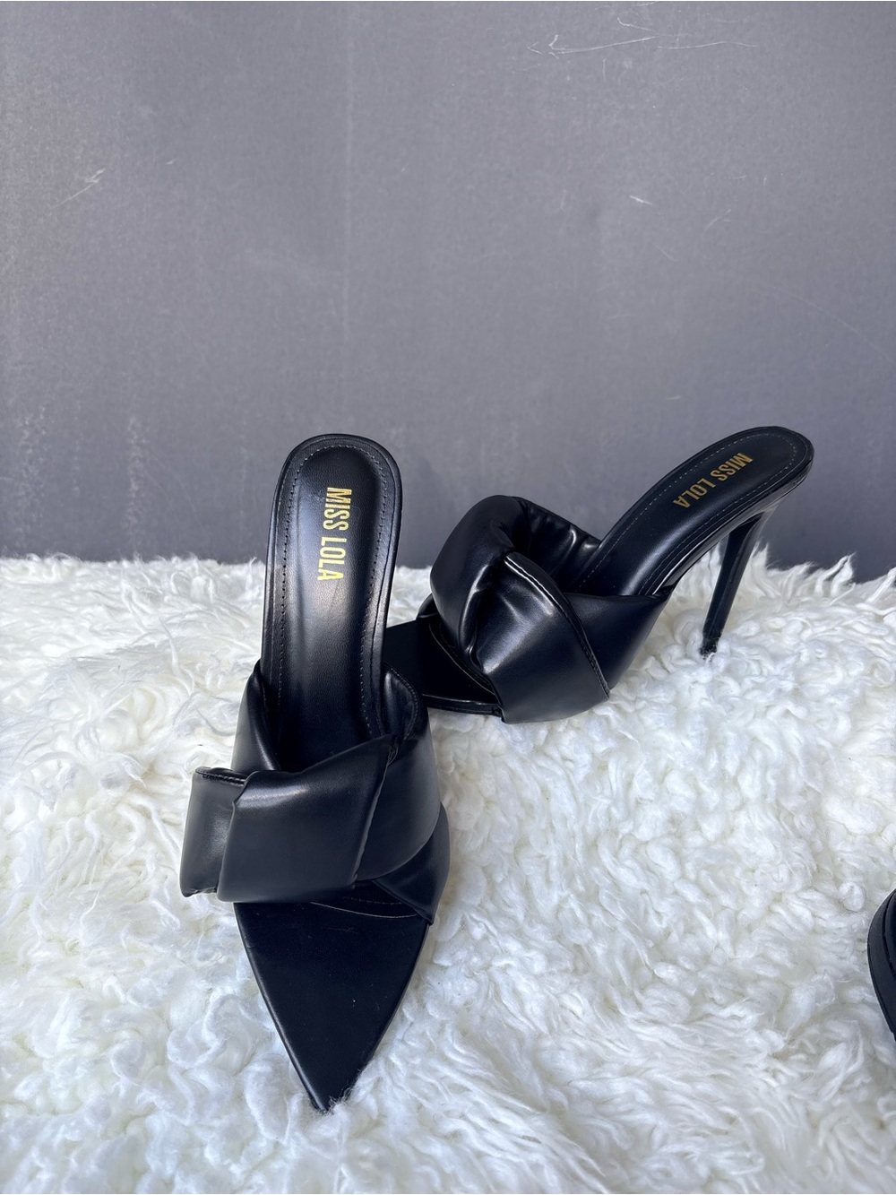 Miss Lola Black Knotted Leather Stiletto Mules